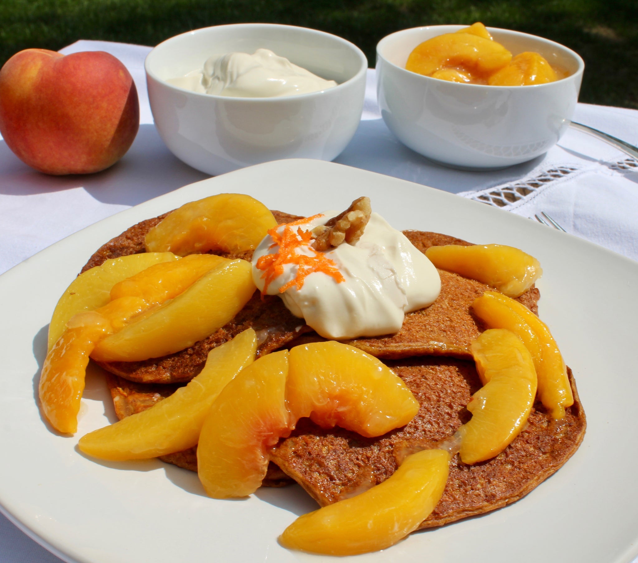 Carrot Cake Pancakes with Peachy Ginger Compote